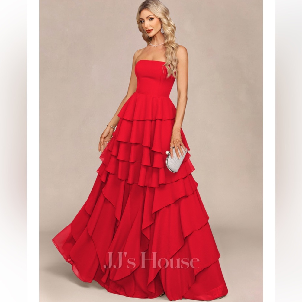 JJ's House Avaia
Red Strapless Cascading Ruffles Chiffon Maxi Dress #426446